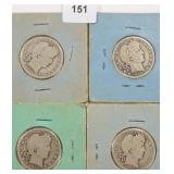 Four (4) Silver Barber Quarters, $37.68 Melt