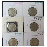 SIX (6) 1937 Buffalo Nickels, Very Nice!
