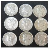 Nine (9) Silver Mercury Dimes, $31.68 Melt