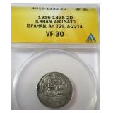 1316-1335 2D Ilkhan Ancient Coin, ANACS VF30