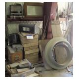 Blocks, plastic mail box, boxes, cabinet.