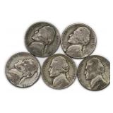 Lot Of 5, 35% Silver Jefferson Nickel U.S. Coin