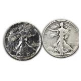 Lot Of 2, Walking Liberty Half Dollar Silver Coins