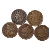 Lot Of 5 Indian Head Cent Penny Bronze US Coins