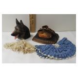 Dog Planter, Baby Shoes Book Ends and Linens