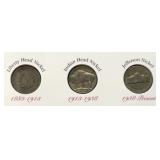 Three (3) Nickel Display: Liberty Head, Indian