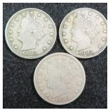 Three (3) 1883 "V" Nickels