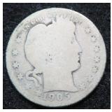 1905- O Silver Barber Quarter