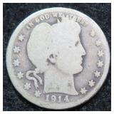 1914- D Silver Barber Quarter