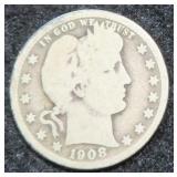 1908 Silver Barber Quarter