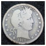 1911 Silver Barber Quarter