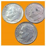 Three (3) Silver Roosevelt Dimes, $13.71 Melt