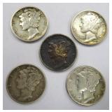 Five (5) Silver Mercury Dimes, $30.55 Melt 1-12-26