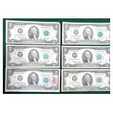 SIX (6) Bicentennial $2 FRN 1976