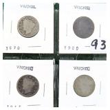 Four (4) V Nickels, Date Range 1890-1912