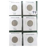 Six (6) Buffalo Nickels, Date Range 1919-1929