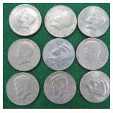 Nine (9) Clad Kennedy Half Dollars