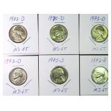 SIX (6) 1972-D Jefferson Nickels