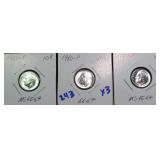 Three (3) Silver 1960 Roosevelt Dimes, $18.30 Melt