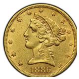 1886 Liberty Gold $5 Half Eagle PCGS AU-53