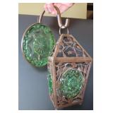 Metal and Green Glass Hanging Candle Holder