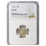 SILVER 1964 Roosevelt Dime NGC AU-58