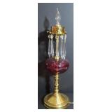 Cranberry Glass, Prizms and Brass Lamp