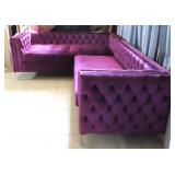 Purple L Shaped Sofa, Tufted, Chrome Feet.