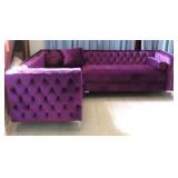 Purple L Shaped Sofa, Tufted, Chrome Feet.