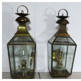 Etched Glass and Brass Hanging Oil Tavern Lanterns
