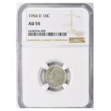 SILVER 1954-D Roosevelt Dime NGC AU-55