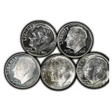 Five Silver Roosevelt Dimes United States Coins