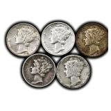 Five (5) Mercury Dimes Silver United States Coins