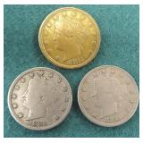 Three (3) 1883 "No Cents" V Nickels