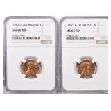 TWO (2) 1982 Cent Bronze. Large Date NGC MS65RD