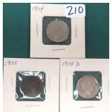 Three (3) Buffalo Nickels incl. 1934,1934-D, 1935
