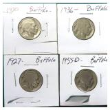 Four (4) Buffalo Nickels, Dates as Shown