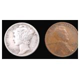 1943-D Silver Mercury Dime and 1944-D Wheat Cent