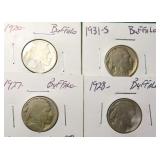 Four (4) Buffalo Nickels, Dates as Shown