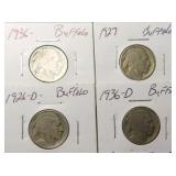 Four (4) Buffalo Nickels, Dates as Shown
