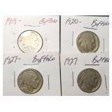 Four (4) Buffalo Nickels, Dates as Shown