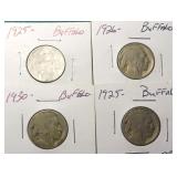 Four (4) Buffalo Nickels, Dates as Shown