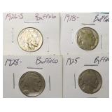 Four (4) Buffalo Nickels, Dates as Shown