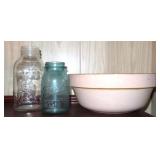 Two Gallon Crock Bowl with Atlas, Ball Jars