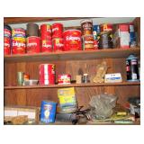 Contents of Cabinet incl Vintage Coffee Cans