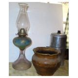 Old Hand Painted Oil Lamp, Coffee and Decorated