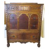 3/3 Antique Oak and Burled Hi Chest