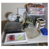 Table Lot: Fan, Bissel Vac, Cat Toys, Aquarium