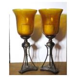 Pair Amber Glass Candle Holders on