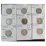 Nine (9) Australia Silver 6 Pence Coins, $33 Melt